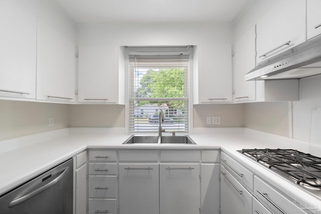 770 Connell Dr, Pensacola, FL 32503 - kitchen with appliances with stainless steel finishes, a sink, under cabinet range hood, white cabinetry, and crown molding