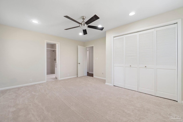 770 Connell Dr, Pensacola, FL 32503 - unfurnished bedroom with light carpet, a closet, recessed lighting, baseboards, and connected bathroom