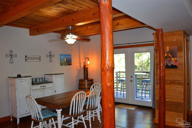 dining room with french doors, ceiling fan, wooden ceiling, beamed ceiling, and dark hardwood / wood-style floors