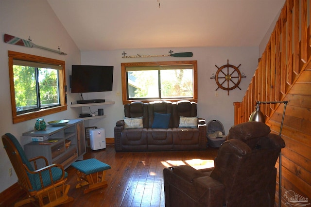 living room with lofted ceiling, wood-type flooring, and a wealth of natural light