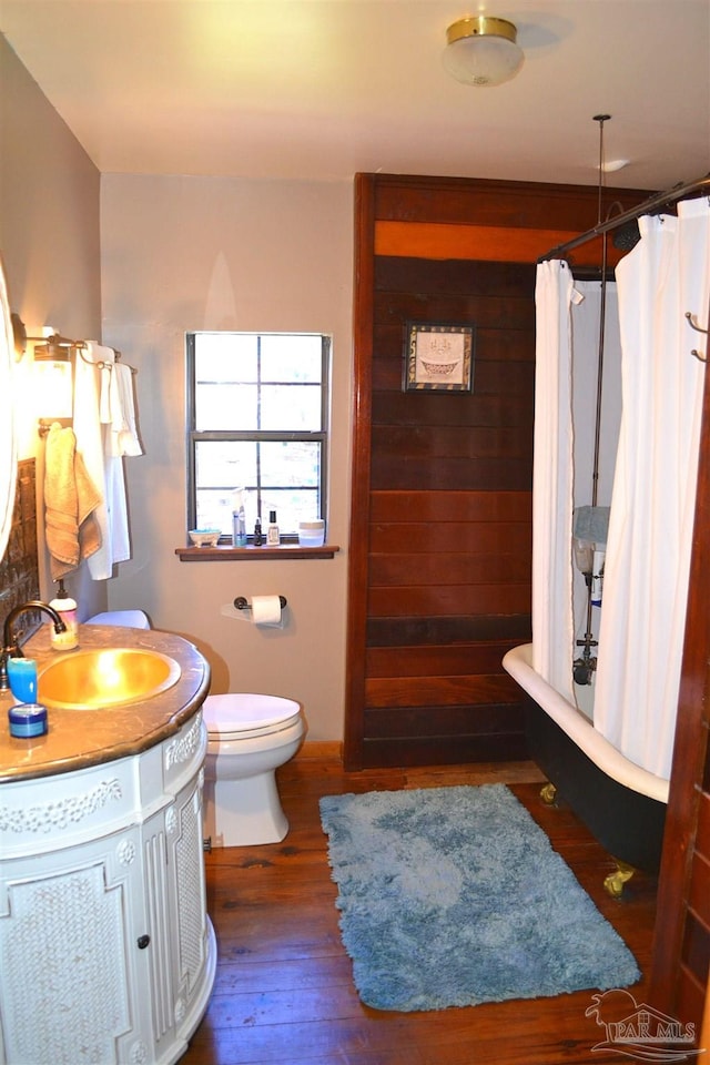 bathroom with vanity, hardwood / wood-style flooring, and toilet