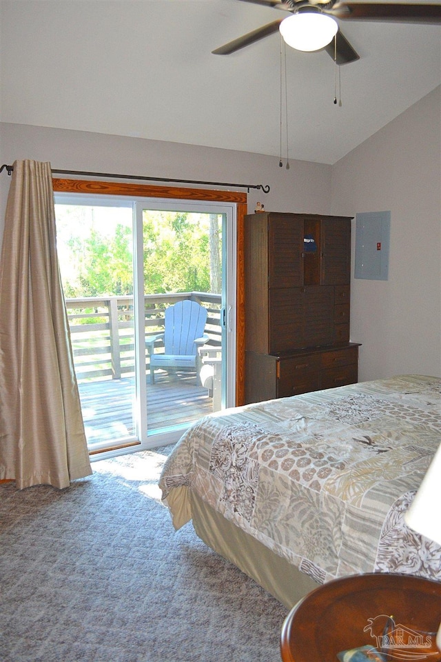 bedroom with access to exterior, ceiling fan, carpet floors, electric panel, and lofted ceiling