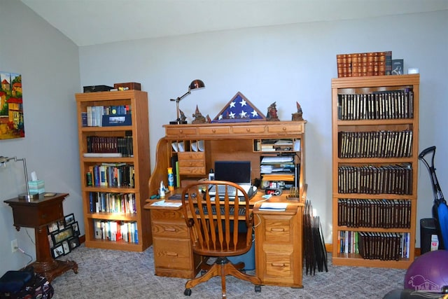 home office with light colored carpet