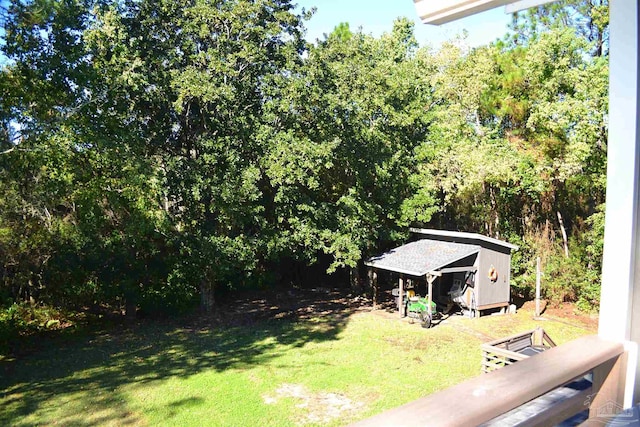 view of yard with a storage unit