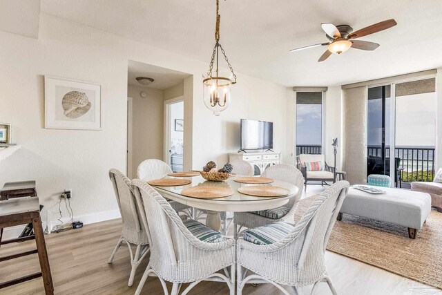 dining room featuring ceiling fan, light wood-type flooring, and floor to ceiling windows