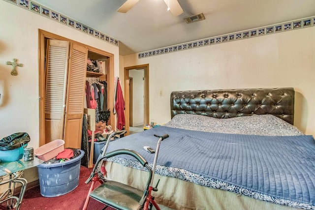 bedroom featuring carpet floors, a closet, and ceiling fan