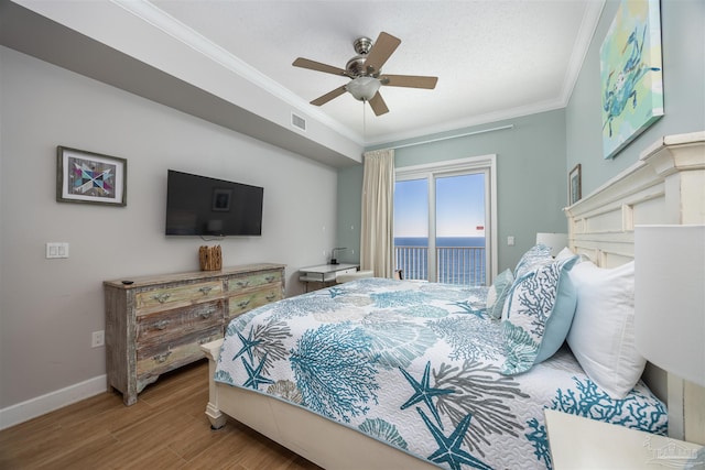 bedroom featuring access to outside, ceiling fan, ornamental molding, and hardwood / wood-style flooring