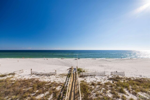 property view of water featuring a beach view