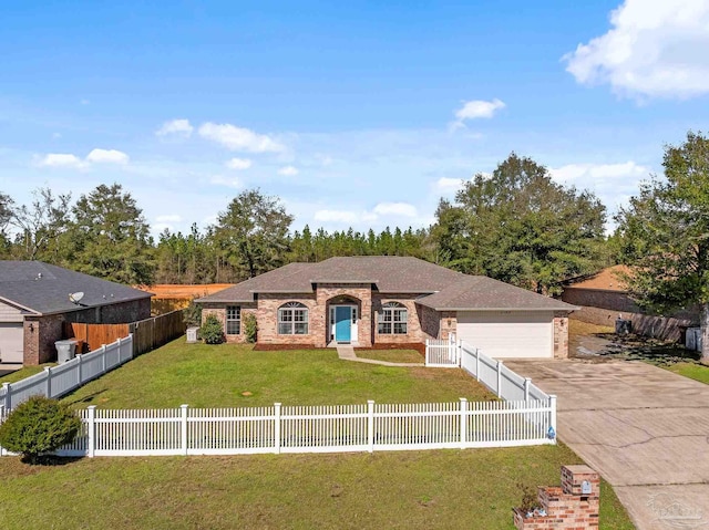 view of front of property with a garage and a front lawn