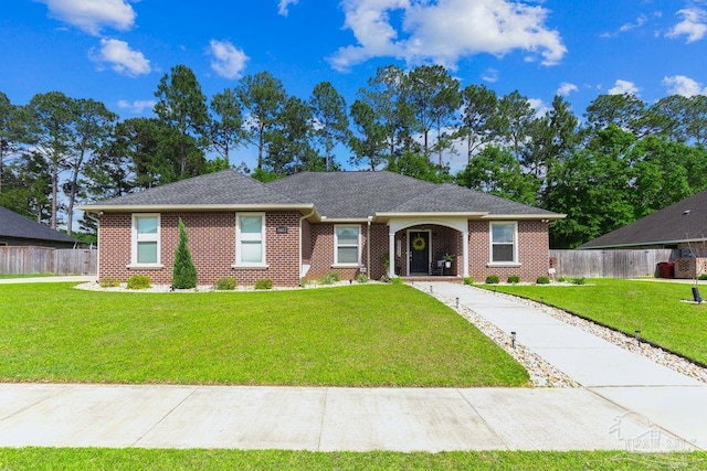 single story home with fence, a front lawn, and brick siding