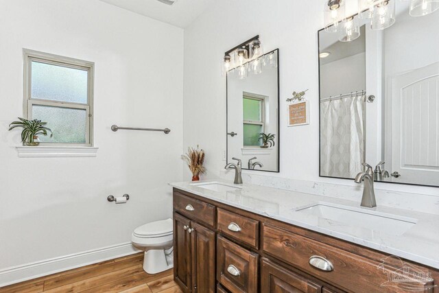 full bathroom featuring double vanity, wood finished floors, toilet, and a sink