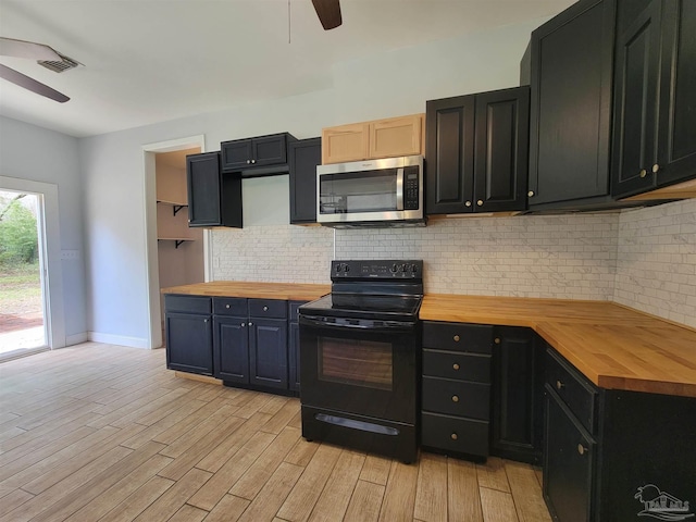5927 Mitchell Ln, Pensacola, FL 32526 - kitchen featuring ceiling fan, stainless steel microwave, black / electric stove, and butcher block countertops