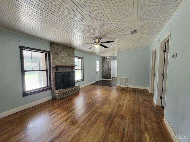 5927 Mitchell Ln, Pensacola, FL 32526 - unfurnished living room featuring a fireplace, visible vents, dark wood-style flooring, and baseboards