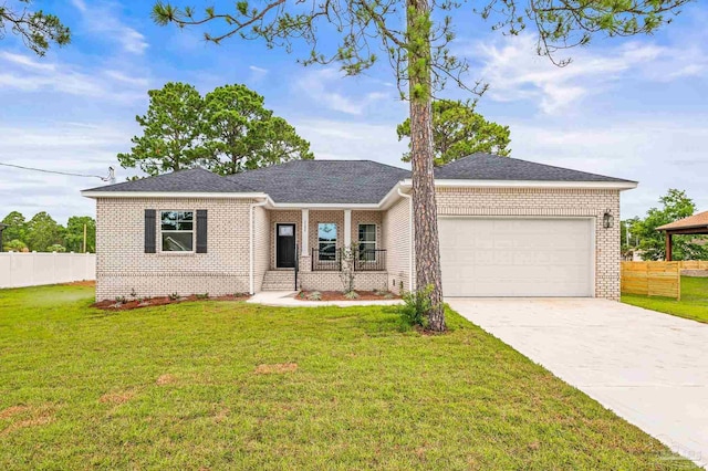 1192 Adrian Way, Milton, FL 32583 - ranch-style house featuring brick siding, a garage, driveway, covered porch, and a shingled roof