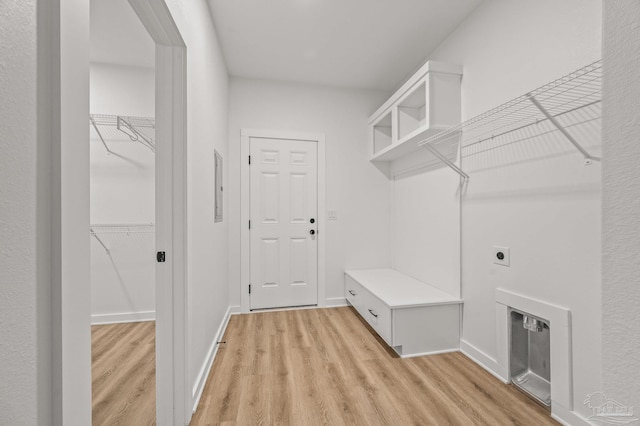 1192 Adrian Way, Milton, FL 32583 - mudroom featuring light wood-style flooring, baseboards, and electric panel
