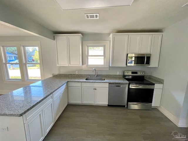 kitchen with sink, kitchen peninsula, plenty of natural light, and stainless steel appliances