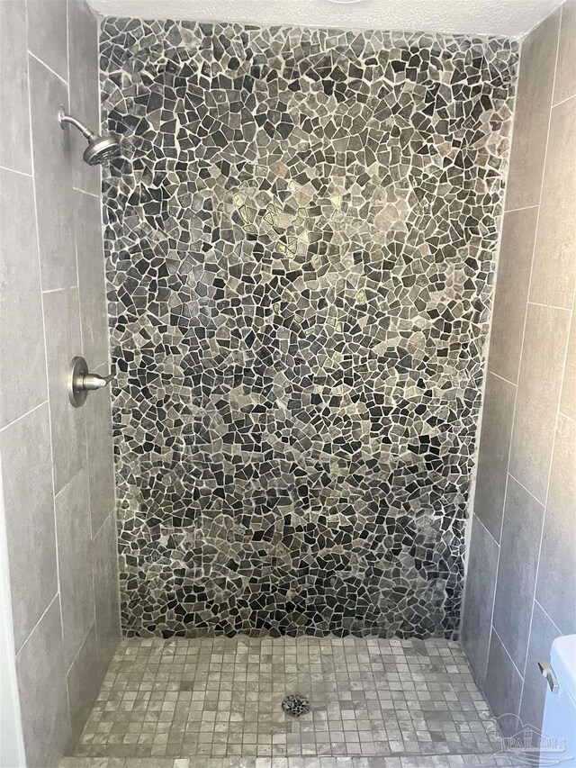 bathroom with tiled shower and toilet