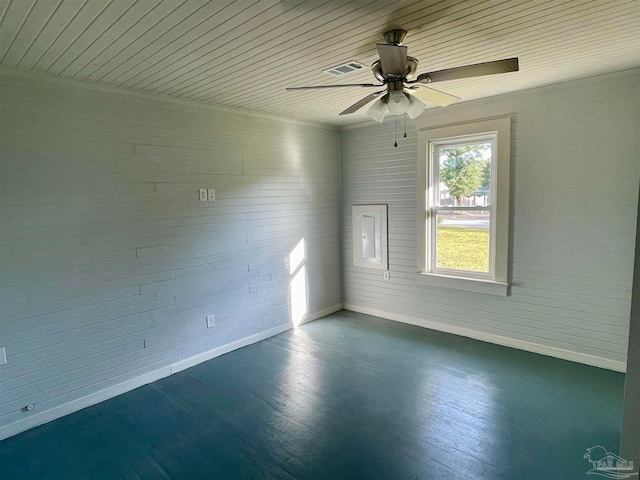 unfurnished room featuring wooden ceiling, ceiling fan, and dark hardwood / wood-style floors