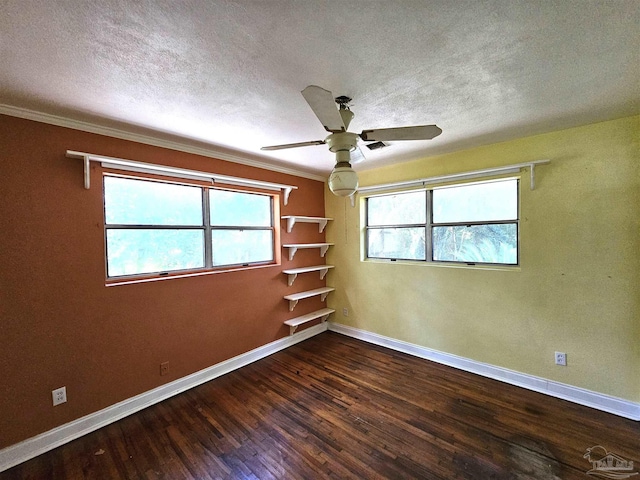 spare room featuring a textured ceiling, dark wood-type flooring, and a healthy amount of sunlight