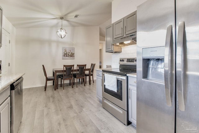 kitchen featuring under cabinet range hood, stainless steel appliances, visible vents, gray cabinets, and backsplash