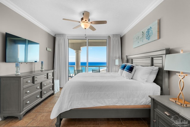 bedroom with ceiling fan, ornamental molding, a textured ceiling, and access to outside