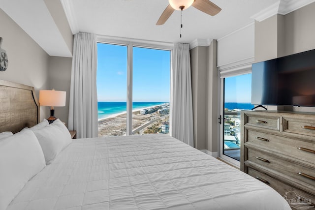 bedroom with access to exterior, ceiling fan, and crown molding