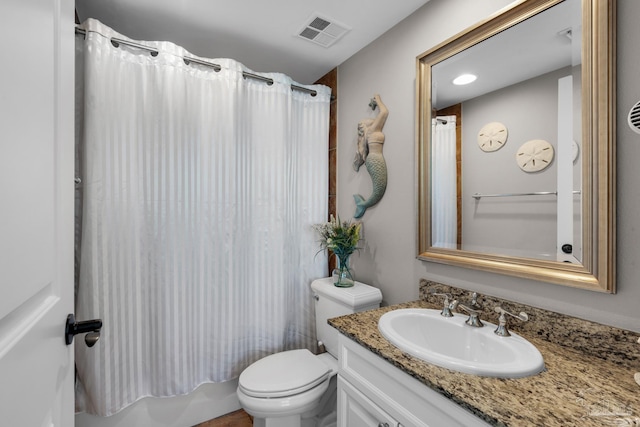 full bathroom featuring vanity, toilet, and shower / bathtub combination with curtain