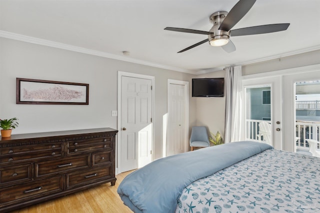 bedroom featuring french doors, access to outside, ceiling fan, crown molding, and light hardwood / wood-style flooring