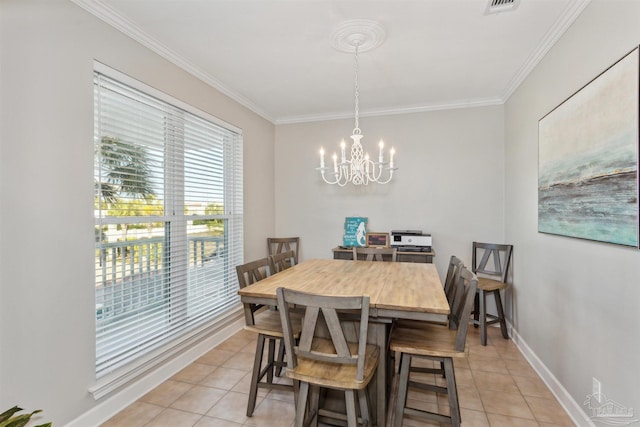 tiled dining room with crown molding and a notable chandelier