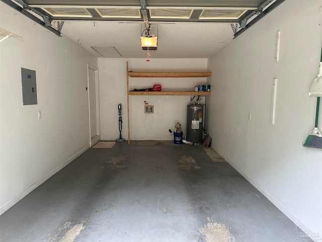 garage with water heater, electric panel, and a garage door opener