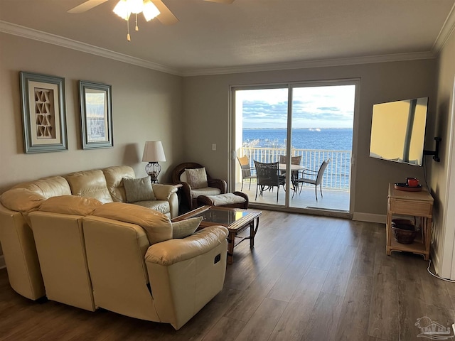 154 Ethel Wingate Dr Unit 210, Pensacola, FL 32507 - living area with dark wood finished floors, a ceiling fan, crown molding, baseboards, and a water view