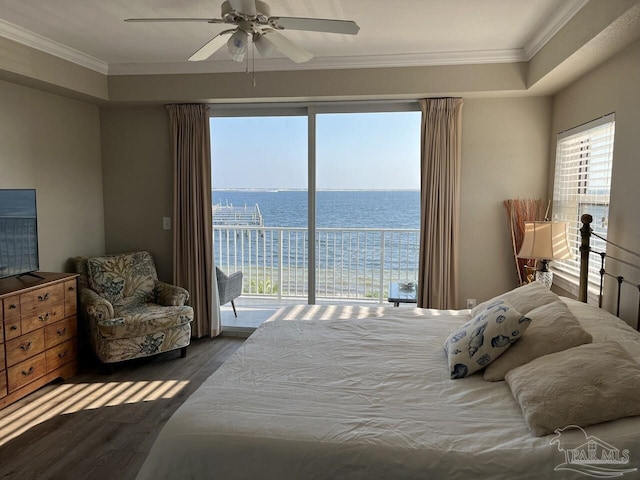 154 Ethel Wingate Dr Unit 210, Pensacola, FL 32507 - bedroom featuring access to exterior, wood finished floors, a water view, ornamental molding, and ceiling fan