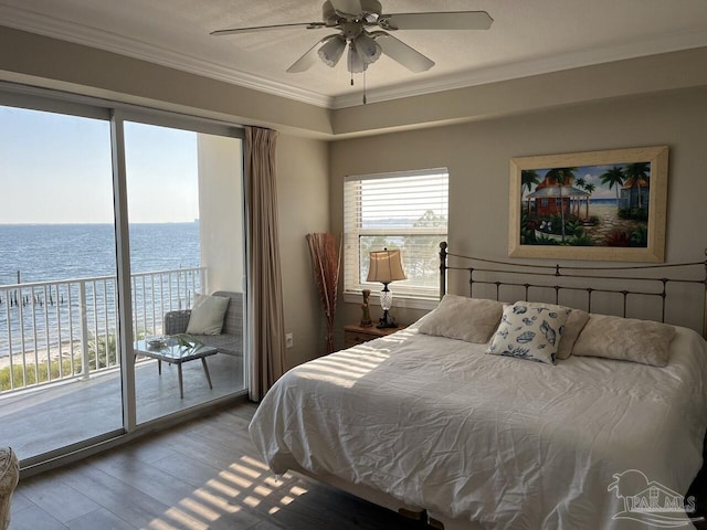 154 Ethel Wingate Dr Unit 210, Pensacola, FL 32507 - bedroom with access to exterior, wood finished floors, a water view, crown molding, and ceiling fan