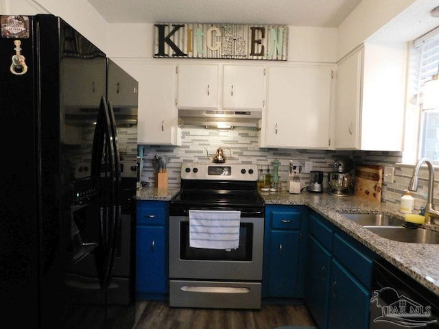 kitchen with white cabinetry, black appliances, and blue cabinets