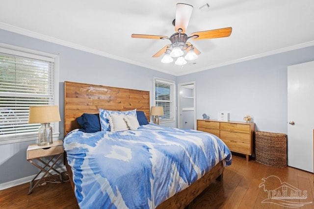 bedroom featuring crown molding, ceiling fan, and dark hardwood / wood-style floors