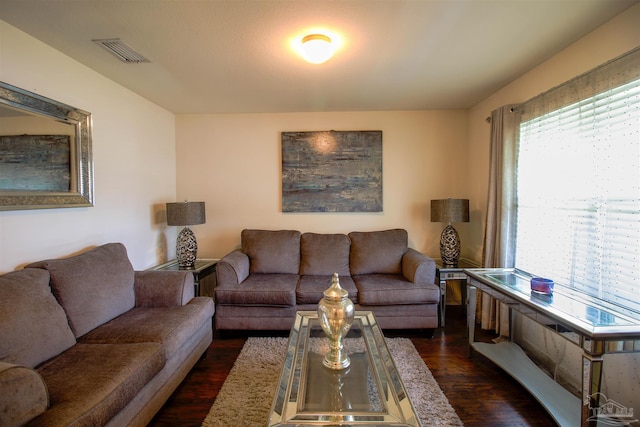 living room with dark wood-type flooring