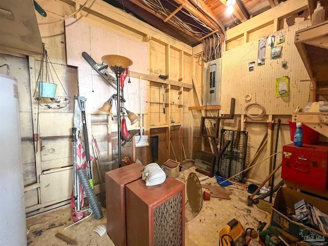 5457 Byrom St, Milton, FL 32570 - below grade area with electric panel, water heater, and a workshop area
