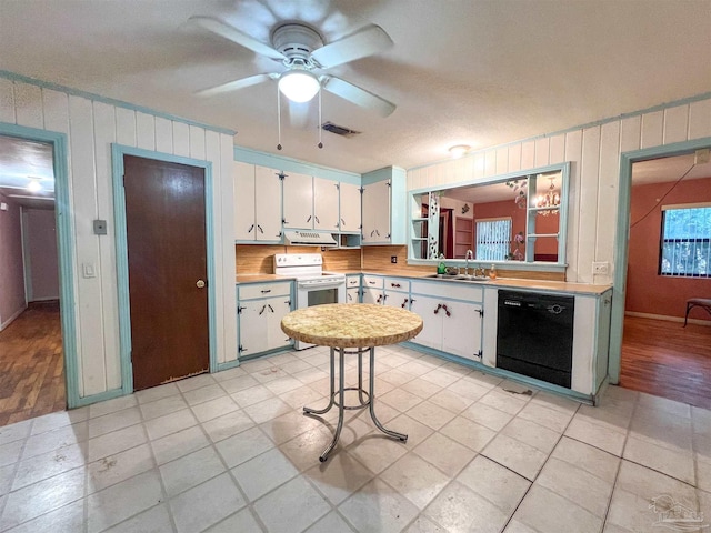 5457 Byrom St, Milton, FL 32570 - kitchen featuring black dishwasher, light countertops, under cabinet range hood, white range with electric stovetop, and a ceiling fan