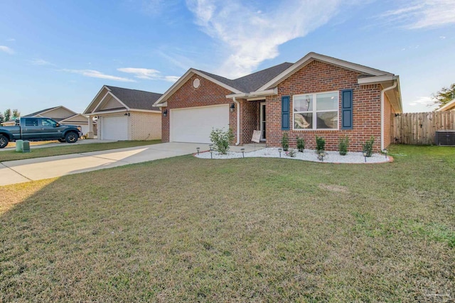 single story home with a front yard and a garage