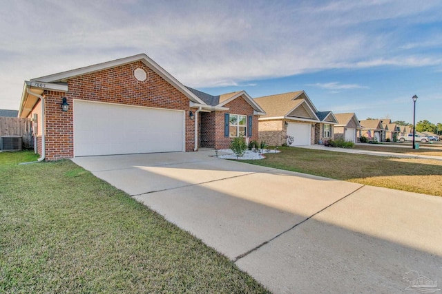 single story home featuring a front yard, a garage, and central AC unit