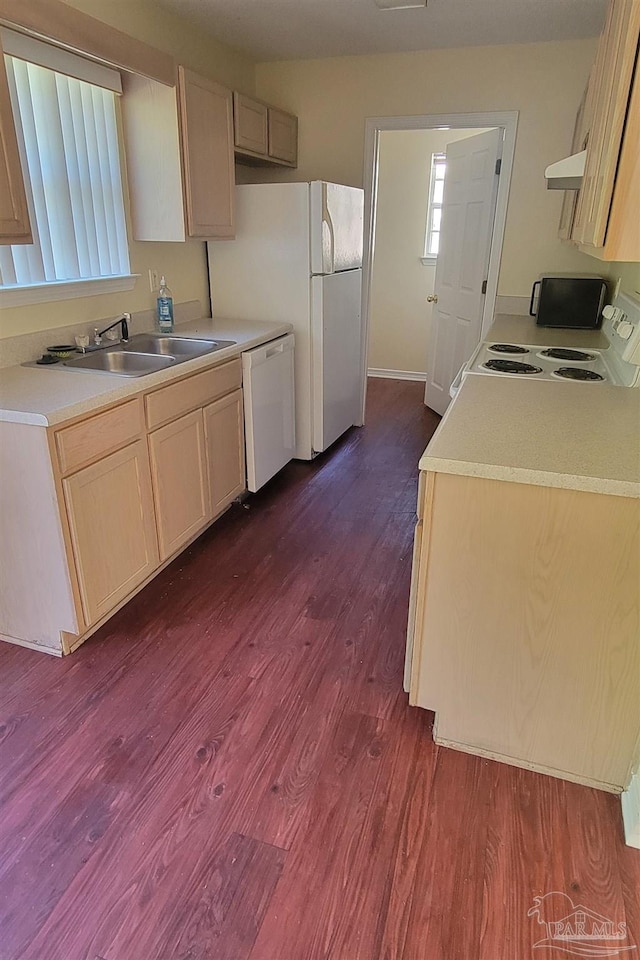 kitchen featuring ventilation hood, light brown cabinetry, hardwood / wood-style floors, and white appliances