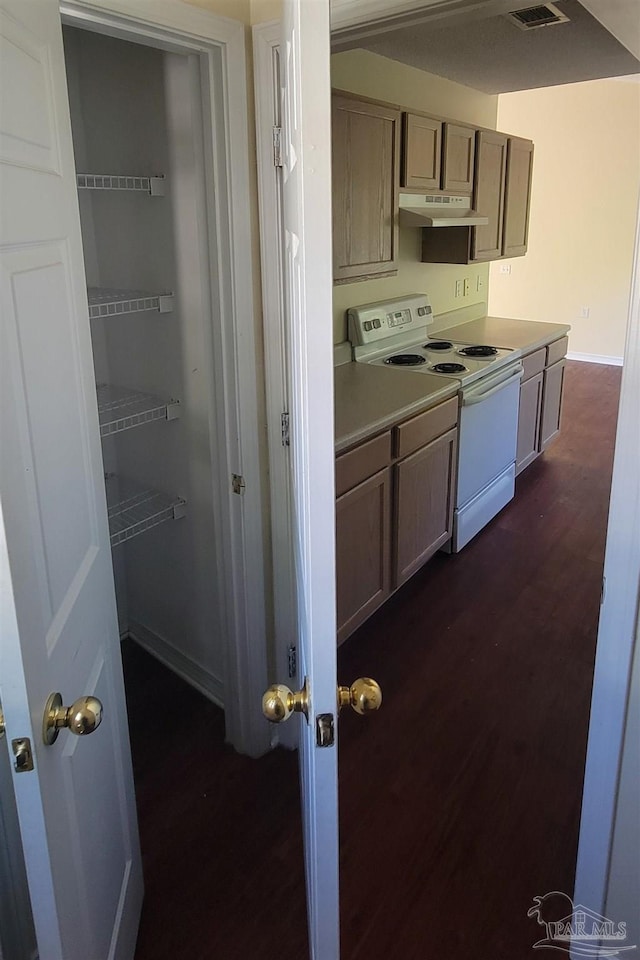 kitchen with white range with electric cooktop and dark wood-type flooring