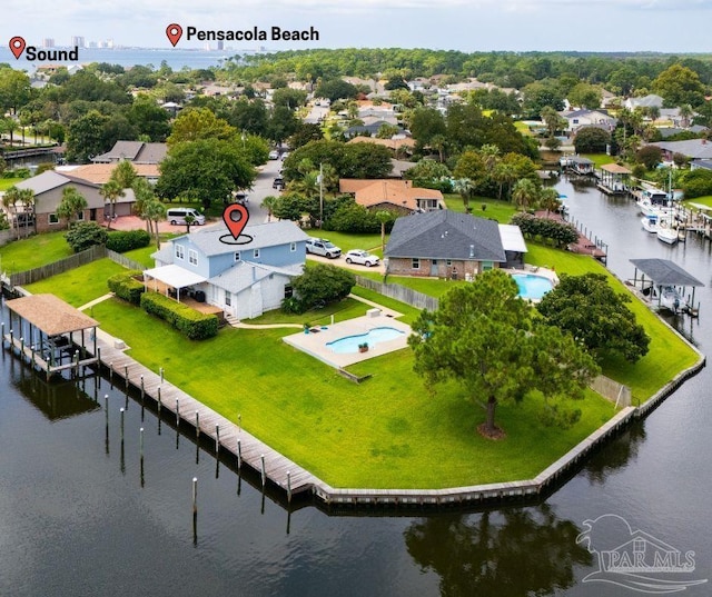 aerial view featuring a water view