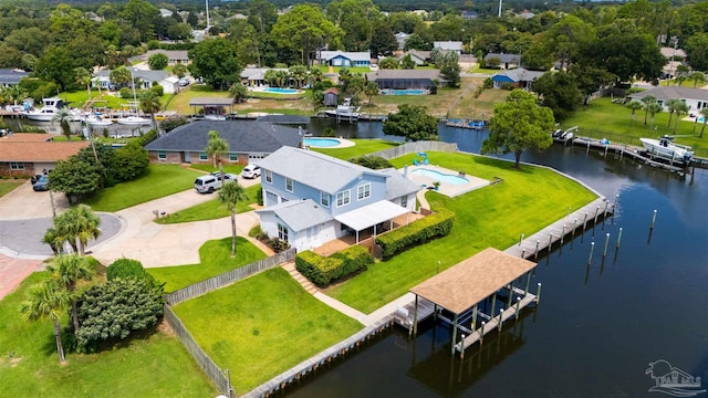 bird's eye view with a water view