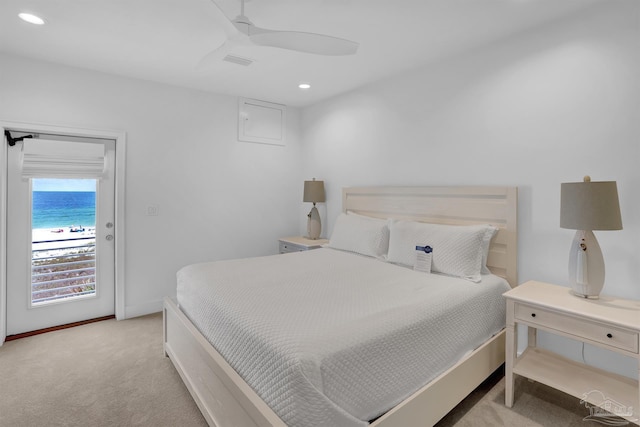 bedroom with carpet floors, recessed lighting, access to outside, ceiling fan, and baseboards