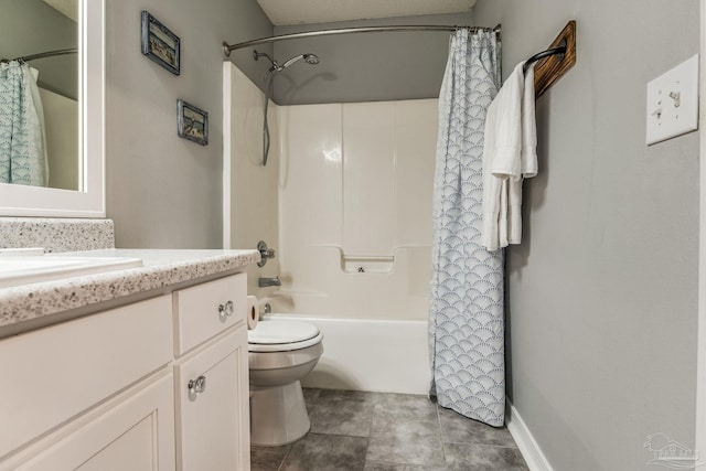 full bathroom with vanity, shower / bath combination with curtain, and toilet