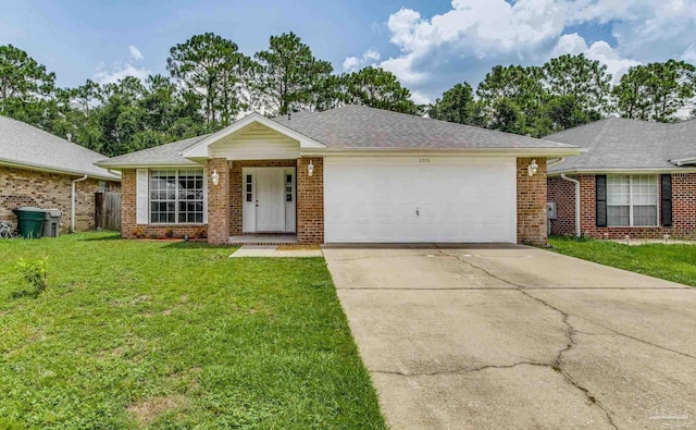 ranch-style house with a garage and a front yard