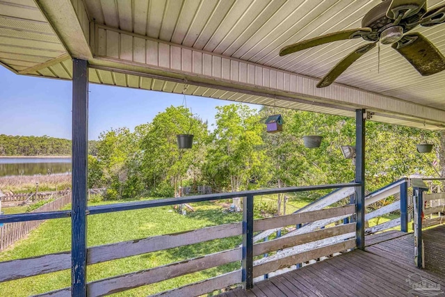 5220 San Miguel St, Milton, FL 32583 - wooden terrace with fence, ceiling fan, and a water view