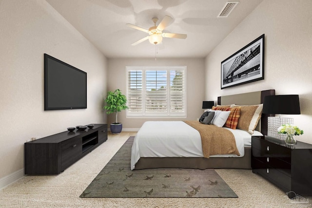 bedroom featuring ceiling fan, carpet, visible vents, and baseboards