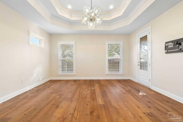 spare room featuring hardwood / wood-style floors, a raised ceiling, a wealth of natural light, and crown molding